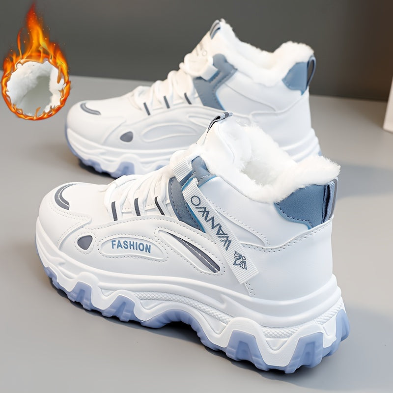 Chunky Color-block Thick Sole Sneakers - Women's Casual Plus Size Anti-slip Running Shoes with Warm Plush Lined