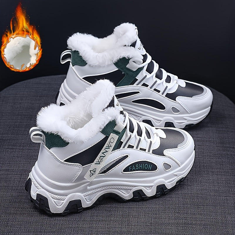 Chunky Color-block Thick Sole Sneakers - Women's Casual Plus Size Anti-slip Running Shoes with Warm Plush Lined