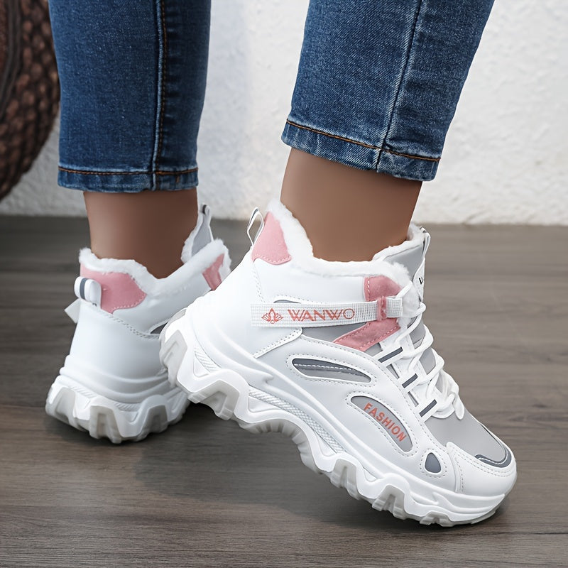 Chunky Color-block Thick Sole Sneakers - Women's Casual Plus Size Anti-slip Running Shoes with Warm Plush Lined