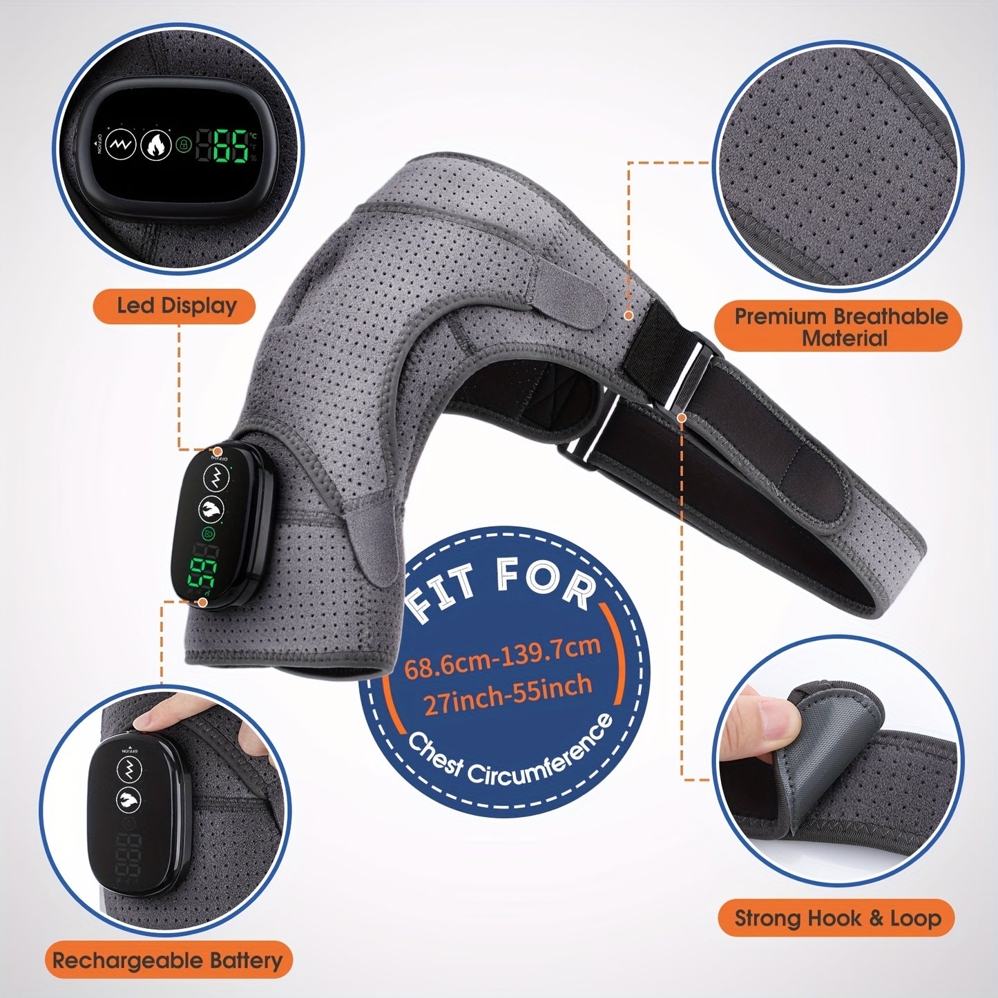 Portable Heated Shoulder Massager with LED Display - USB Rechargeable, 5000mAh Polymer Battery, Adjustable Strap for Left or Right Shoulder, Customizable Temperature Settings, Rechargeable Massager