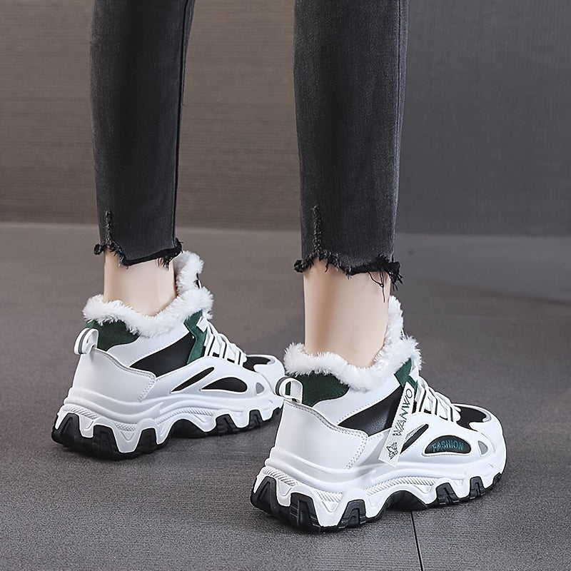 Chunky Color-block Thick Sole Sneakers - Women's Casual Plus Size Anti-slip Running Shoes with Warm Plush Lined