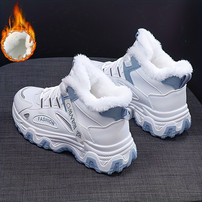 Chunky Color-block Thick Sole Sneakers - Women's Casual Plus Size Anti-slip Running Shoes with Warm Plush Lined