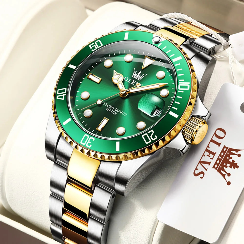 Top Brand Men Watch Green Luxury Fashion Waterproof Quartz Sports Stainless Steel Watches for Men Wristwatch Reloj Hombre + Box