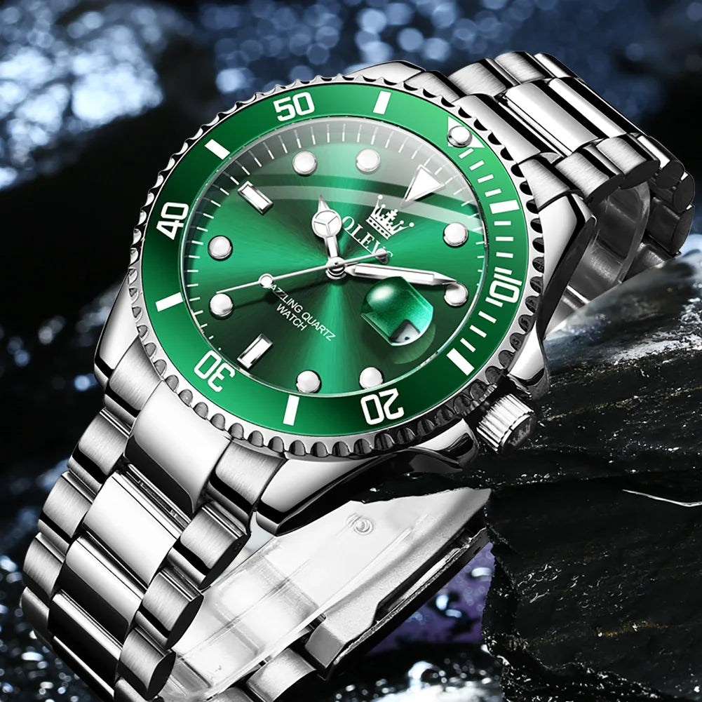Top Brand Men Watch Green Luxury Fashion Waterproof Quartz Sports Stainless Steel Watches for Men Wristwatch Reloj Hombre + Box