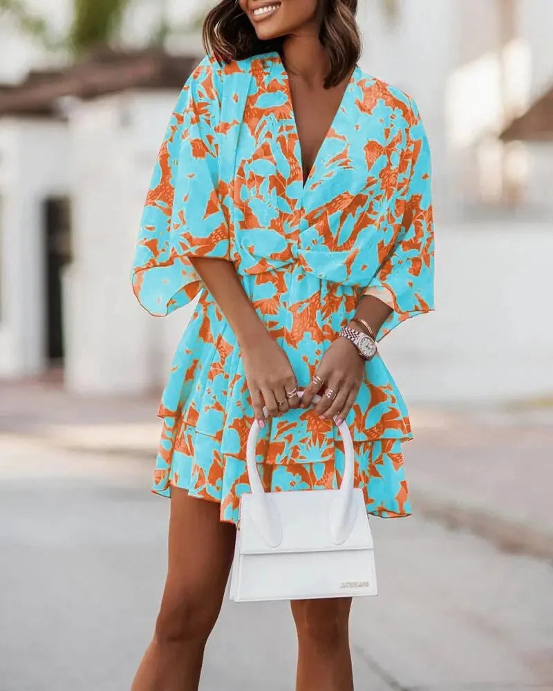New autumn V-neck loose bat sleeve printed dress for women
