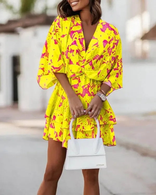 New autumn V-neck loose bat sleeve printed dress for women