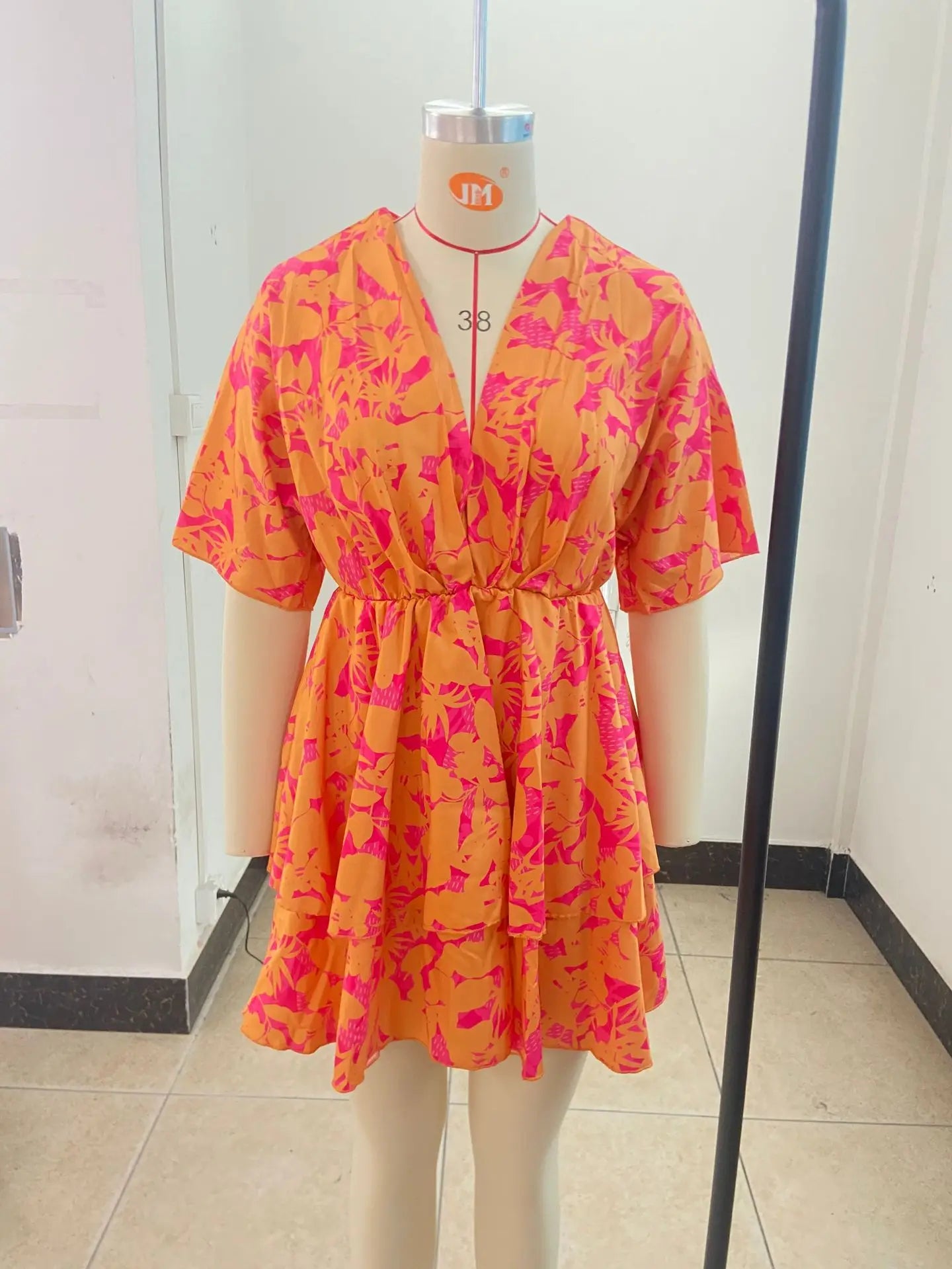 New autumn V-neck loose bat sleeve printed dress for women