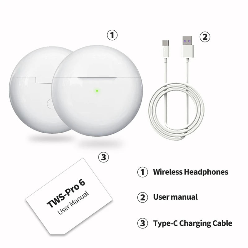 Pro 6 TWS Bluetooth Earphones Wireless Bluetooth Headset Noise Cancelling Earbuds with Mic Pro6 Wireless Headphones for IPhone