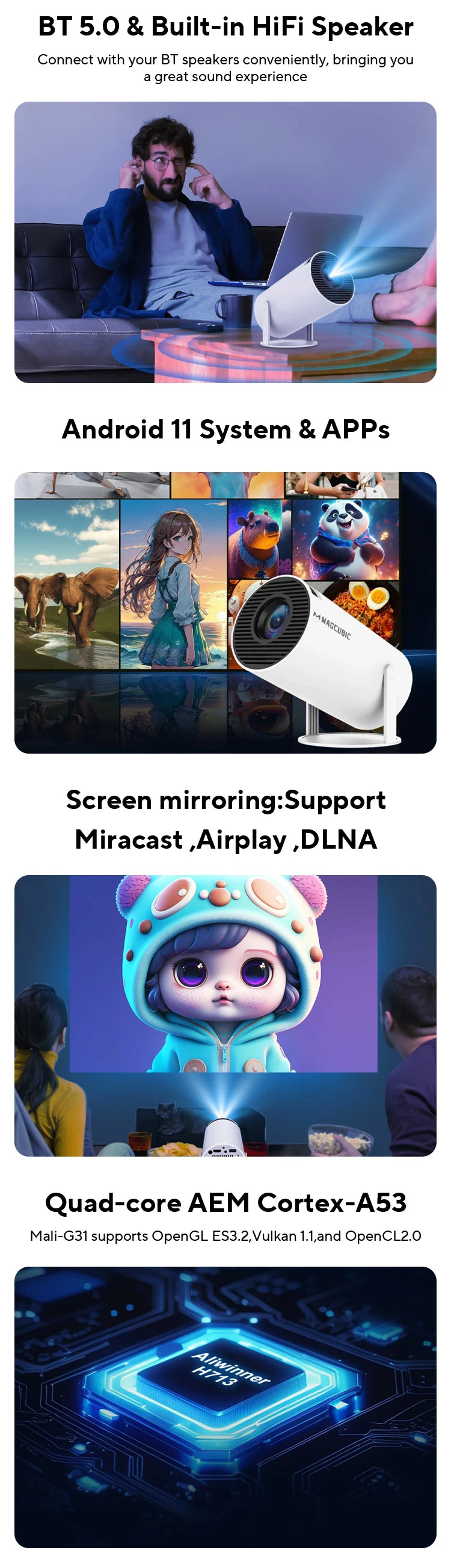Magcubic Projector HY300 Pro 4K Android 11 Dual Wifi6 260ANSI Allwinner H713 BT5.0 1080P 1280*720P Home Cinema Outdoor Projetor