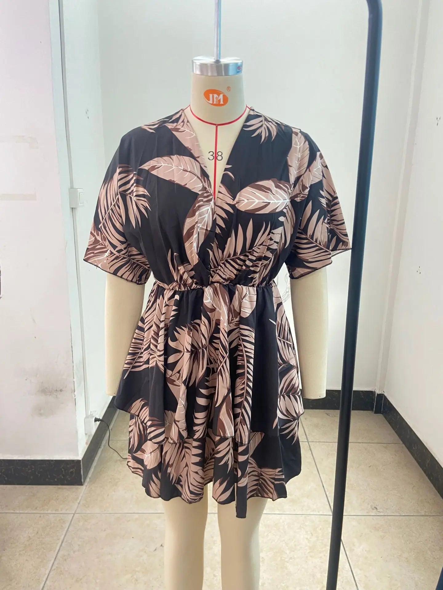 New autumn V-neck loose bat sleeve printed dress for women