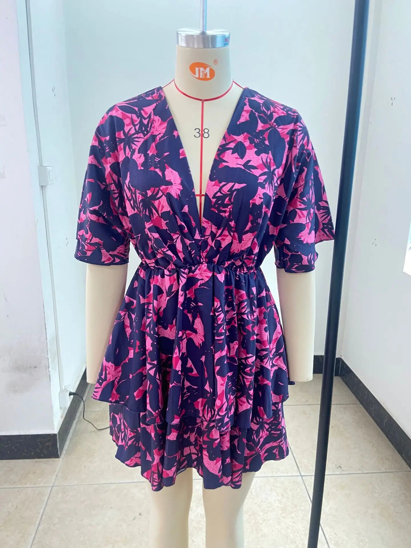 New autumn V-neck loose bat sleeve printed dress for women