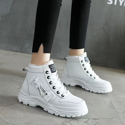 Women's Casual High Top Shoes, Winter Plush Lined Warm Shoes, Thick Soled Lace-up Sports Shoes plus size