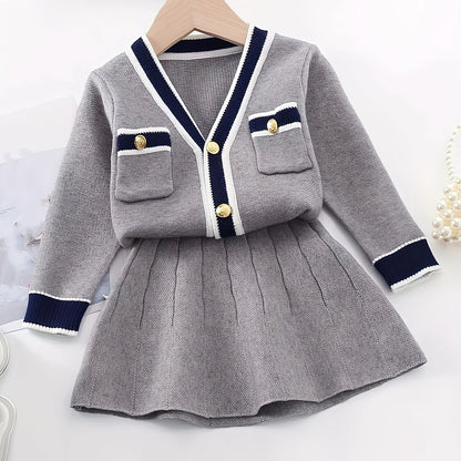 Girl's Preppy Style 2pcs, Cable Knit Cardigan & Skirt Set, Button Decor V-neck Long Sleeve Top, Elegant Casual Outfits, Kids Outdoor Clothes For Spring Autumn