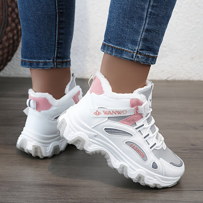 Chunky Color-block Thick Sole Sneakers - Women's Casual Plus Size Anti-slip Running Shoes with Warm Plush Lined