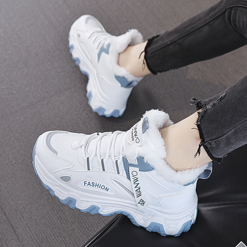 Chunky Color-block Thick Sole Sneakers - Women's Casual Plus Size Anti-slip Running Shoes with Warm Plush Lined