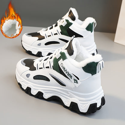Chunky Color-block Thick Sole Sneakers - Women's Casual Plus Size Anti-slip Running Shoes with Warm Plush Lined