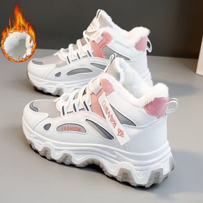 Chunky Color-block Thick Sole Sneakers - Women's Casual Plus Size Anti-slip Running Shoes with Warm Plush Lined