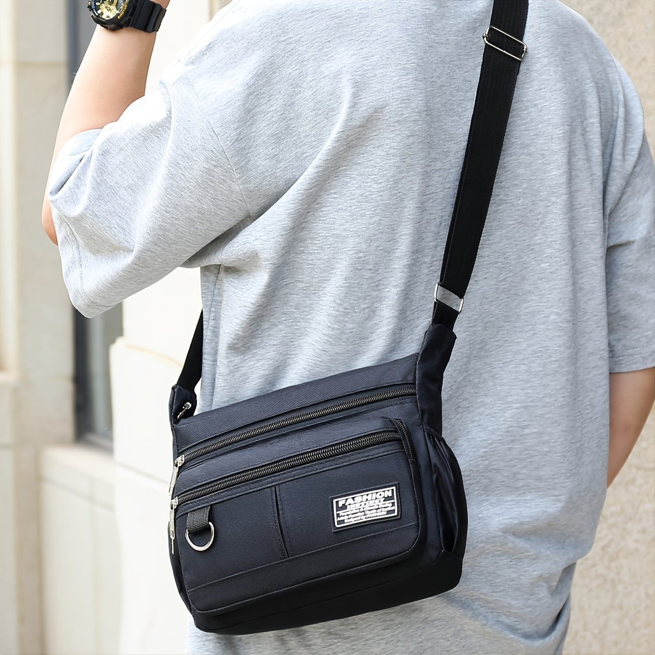 1pc Men's Portable Nylon Letter Sticker Diagonal Shoulder Bag, Mobile Phone Bag