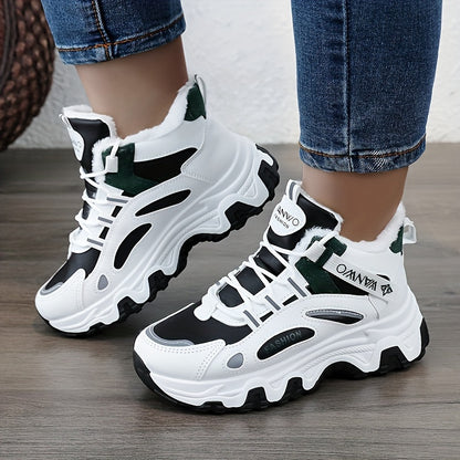 Chunky Color-block Thick Sole Sneakers - Women's Casual Plus Size Anti-slip Running Shoes with Warm Plush Lined
