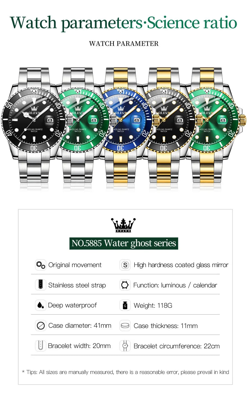 Top Brand Men Watch Green Luxury Fashion Waterproof Quartz Sports Stainless Steel Watches for Men Wristwatch Reloj Hombre + Box
