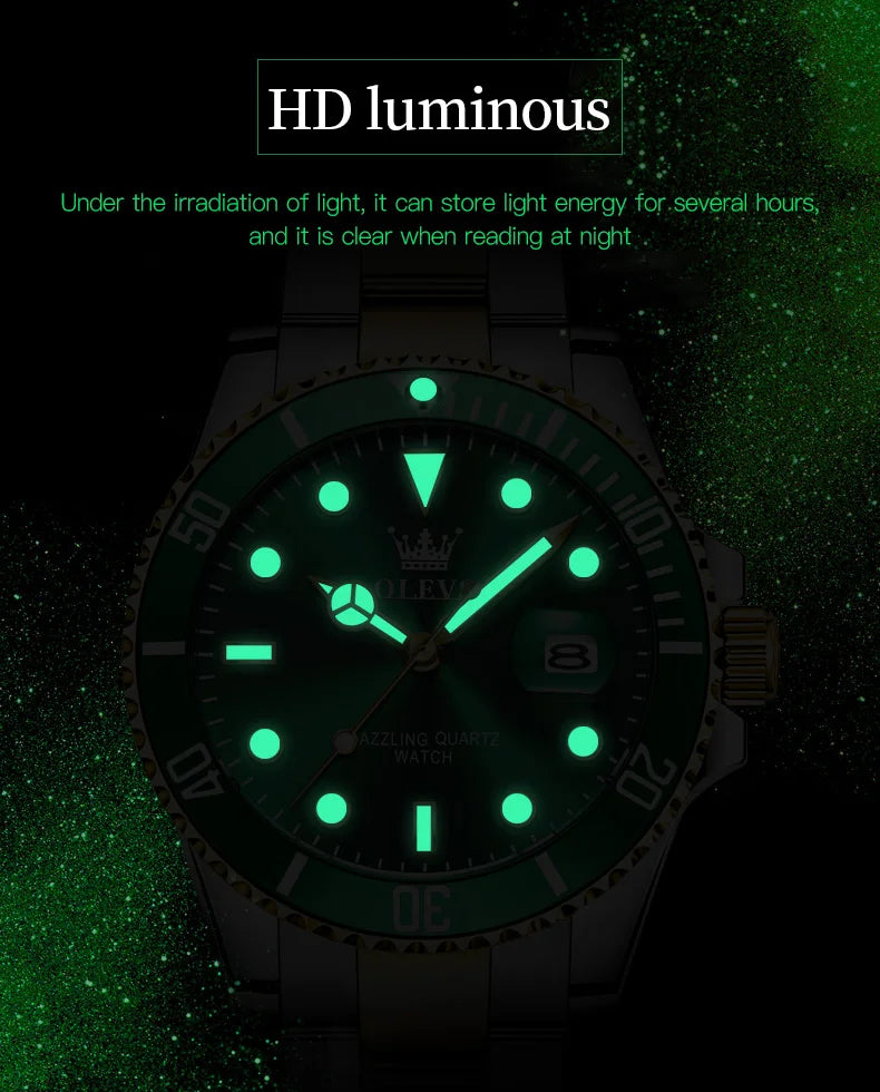 Top Brand Men Watch Green Luxury Fashion Waterproof Quartz Sports Stainless Steel Watches for Men Wristwatch Reloj Hombre + Box