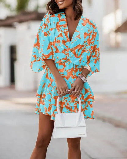 New autumn V-neck loose bat sleeve printed dress for women