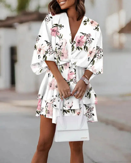 New autumn V-neck loose bat sleeve printed dress for women
