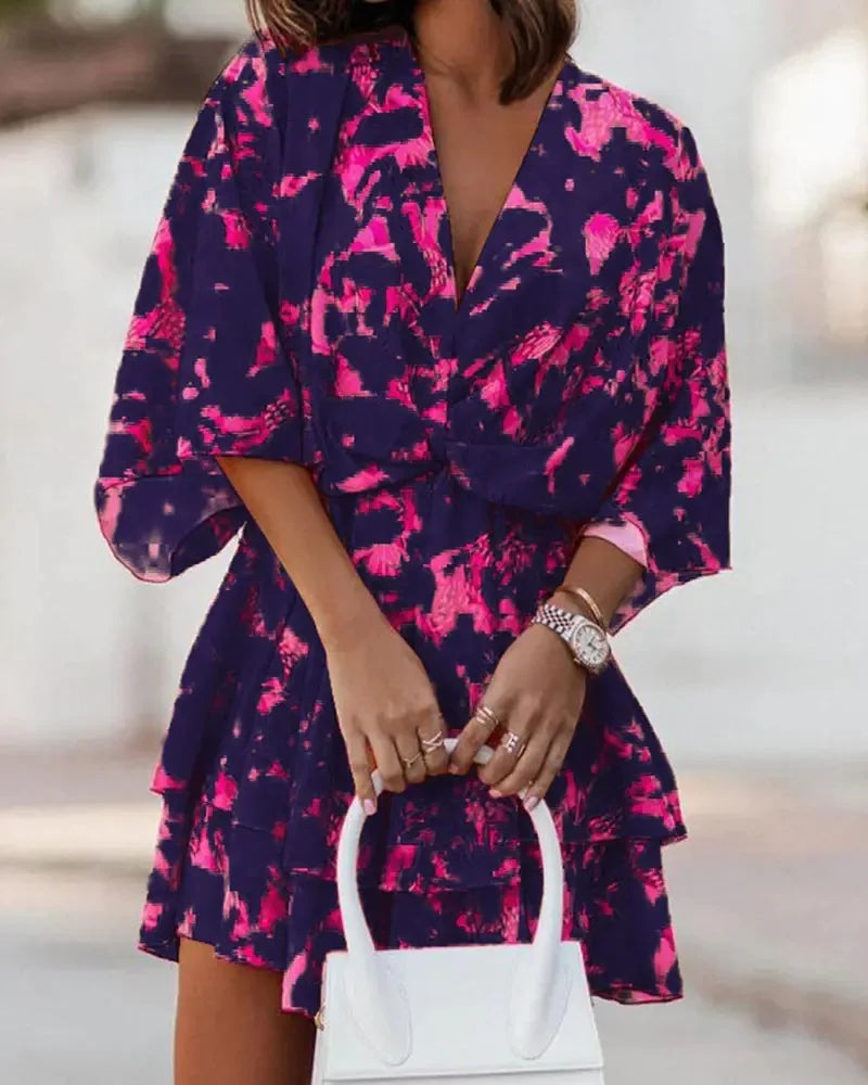 New autumn V-neck loose bat sleeve printed dress for women