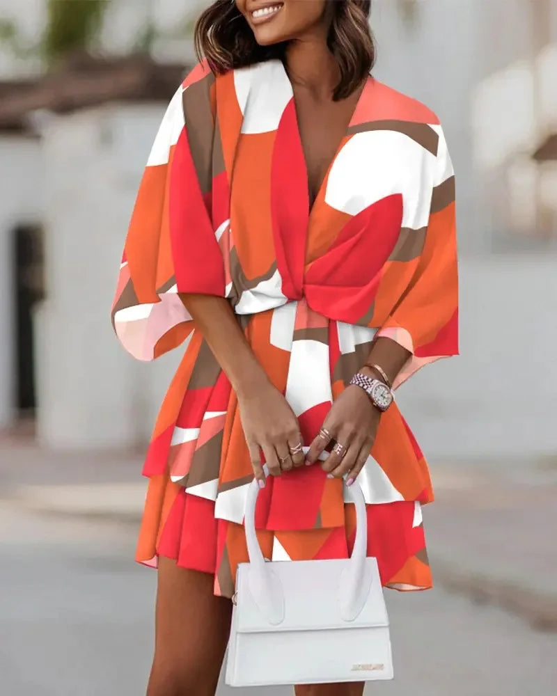 New autumn V-neck loose bat sleeve printed dress for women