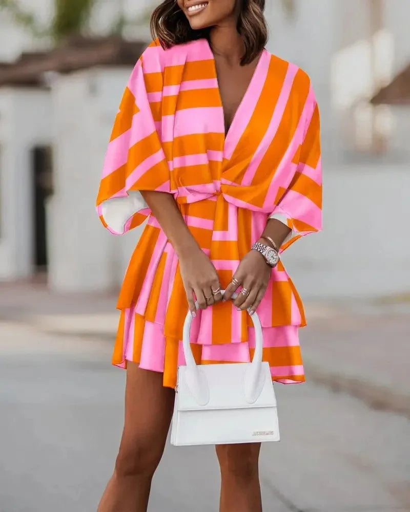 New autumn V-neck loose bat sleeve printed dress for women