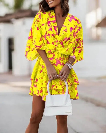 New autumn V-neck loose bat sleeve printed dress for women