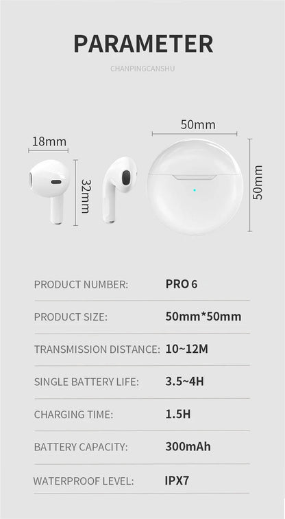 Pro 6 TWS Bluetooth Earphones Wireless Bluetooth Headset Noise Cancelling Earbuds with Mic Pro6 Wireless Headphones for IPhone