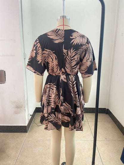 New autumn V-neck loose bat sleeve printed dress for women