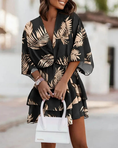 New autumn V-neck loose bat sleeve printed dress for women