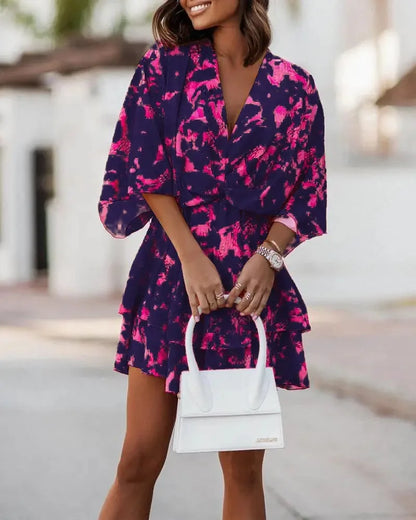 New autumn V-neck loose bat sleeve printed dress for women