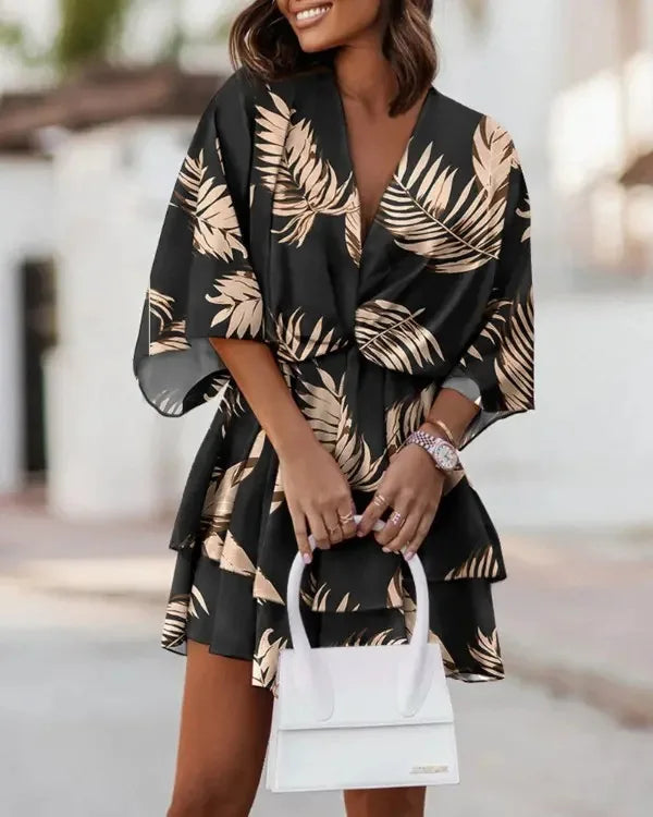 New autumn V-neck loose bat sleeve printed dress for women