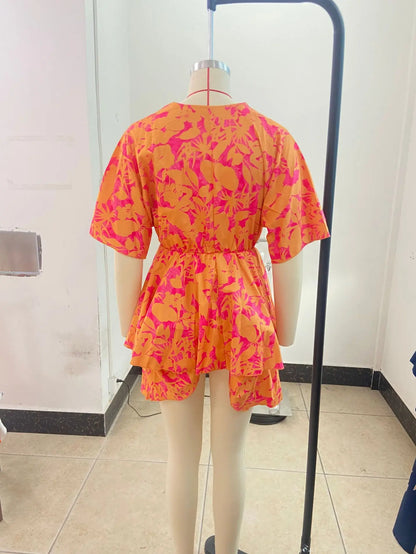 New autumn V-neck loose bat sleeve printed dress for women