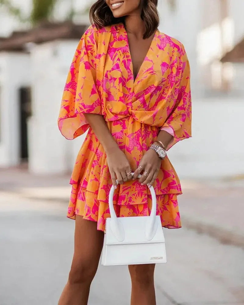 New autumn V-neck loose bat sleeve printed dress for women