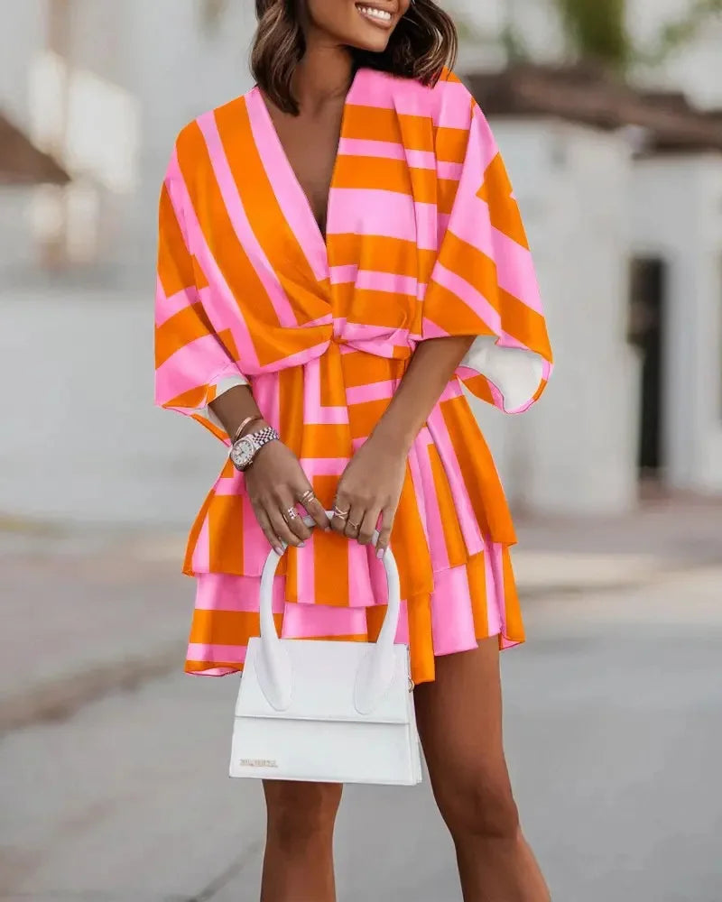 New autumn V-neck loose bat sleeve printed dress for women