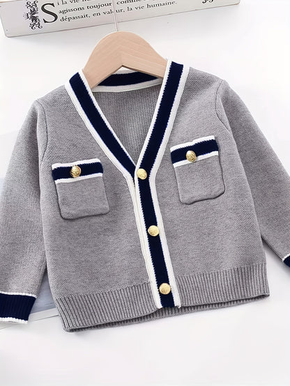 Girl's Preppy Style 2pcs, Cable Knit Cardigan & Skirt Set, Button Decor V-neck Long Sleeve Top, Elegant Casual Outfits, Kids Outdoor Clothes For Spring Autumn