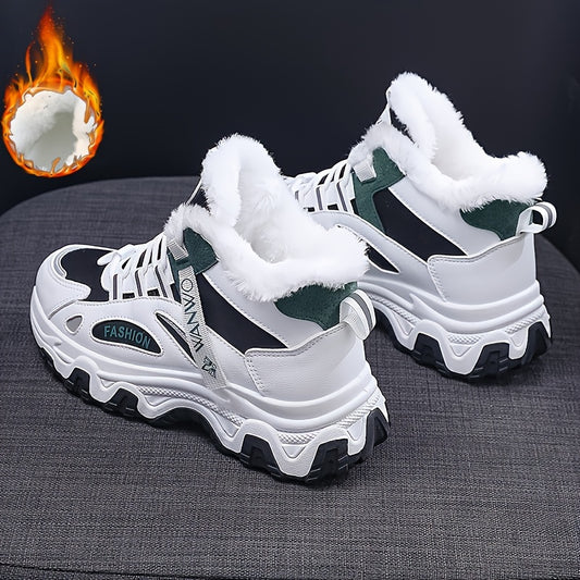 Chunky Color-block Thick Sole Sneakers - Women's Casual Plus Size Anti-slip Running Shoes with Warm Plush Lined