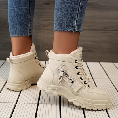 Women's Casual High Top Shoes, Winter Plush Lined Warm Shoes, Thick Soled Lace-up Sports Shoes plus size