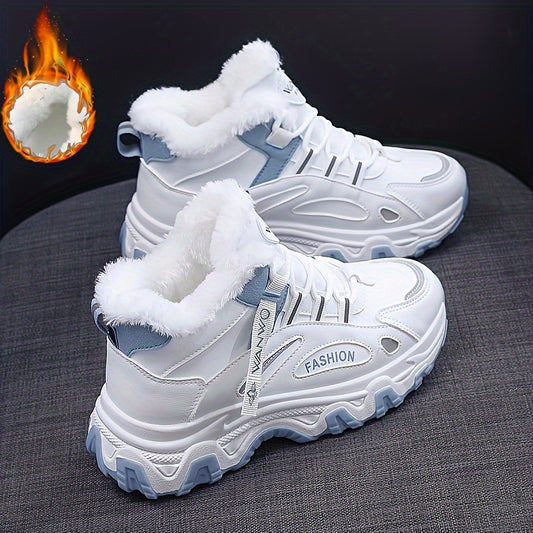 Chunky Color-block Thick Sole Sneakers - Women's Casual Plus Size Anti-slip Running Shoes with Warm Plush Lined