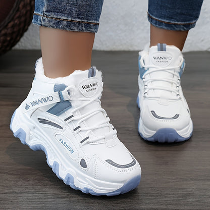 Chunky Color-block Thick Sole Sneakers - Women's Casual Plus Size Anti-slip Running Shoes with Warm Plush Lined